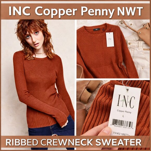 INC International Concepts Tops - INC Ribbed Crewneck Sweater Large NWT Copper Penny Slim Fit Knit Top Fall